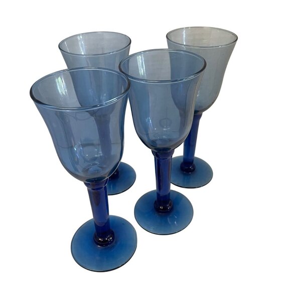 Vintage Blue Glass Goblets Set Of 4 Elegant Wine Glasses - Picture 3 of 6